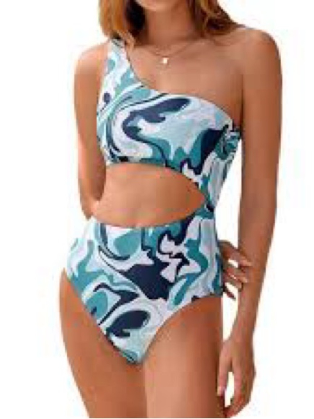 One-Shoulder Cutout One-Piece Swimsuit in Teal, Navy, White